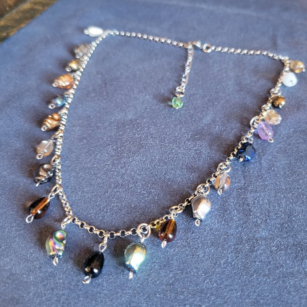 Skull & Drops Charm Necklace - Green accent bead - Stainless Steel